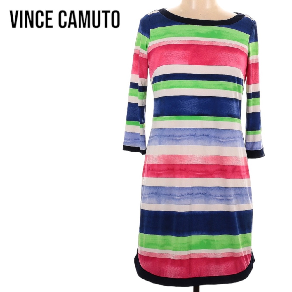 Vince Camuto MULTI-COLOR STRIPED 3/4 SLEEVE SHIFT DRESS Boat Neckline Sz 10 EUC